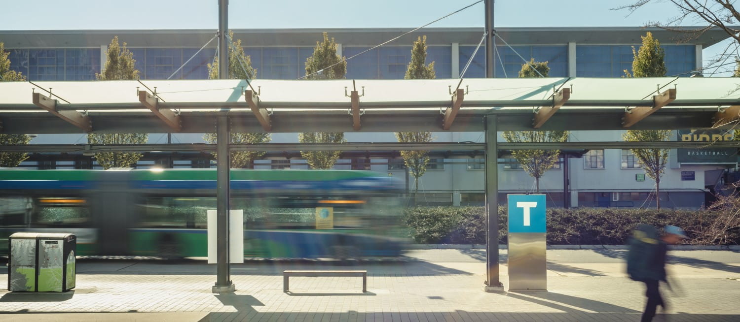 A bus driving out of a bus exchange