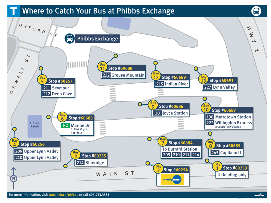 Map displaying new bus bays and routes at Phibbs Exchange beginning May 2024