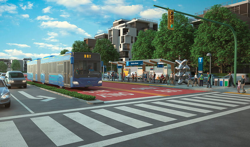 A conceptual illustration of a Bus Rapid Transit (BRT) system showing a modern bus in a designated bus lane approaching a station with waiting passengers.