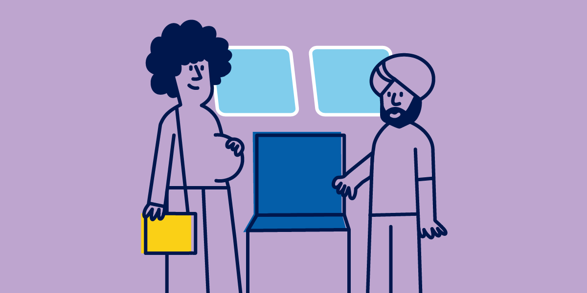 Illustration of one passenger offering a seat to a pregnant woman